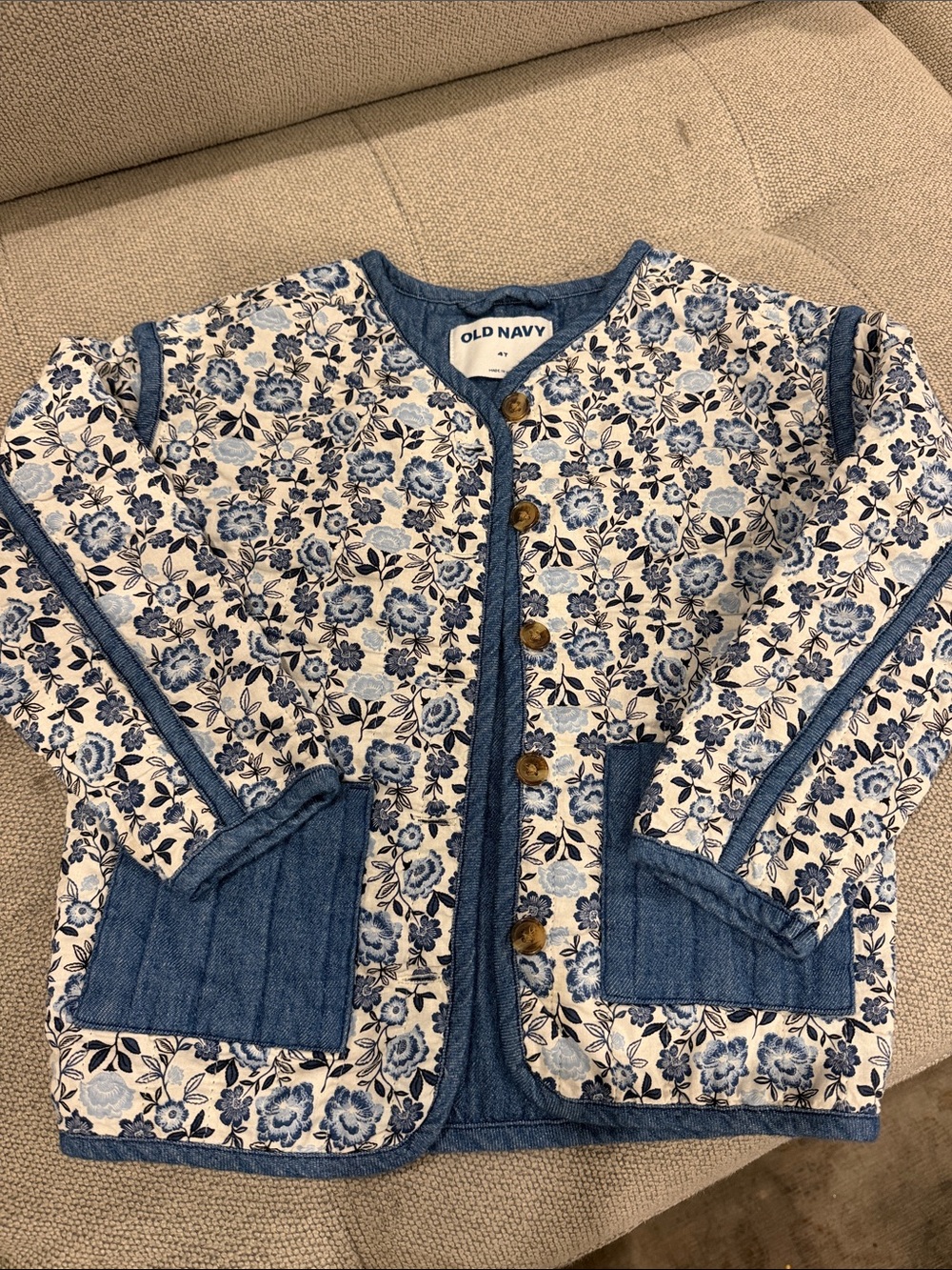 Old Navy Blue and White Floral Quilted Jacket